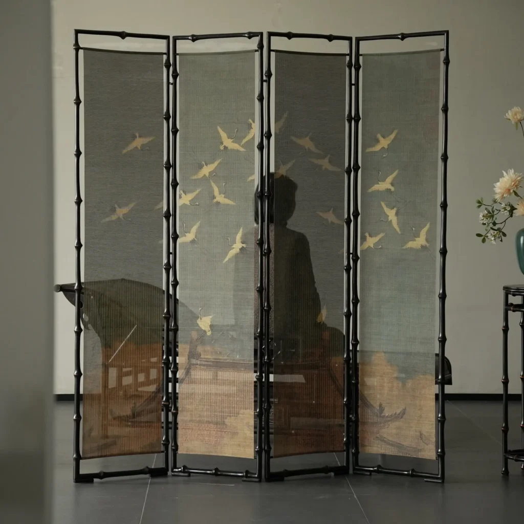 Flying Cranes Landscape Four-Panel Folding Screen in black — front view