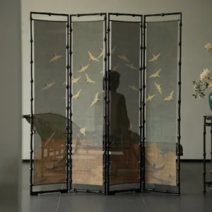 Flying Cranes Landscape Four-Panel Folding Screen in black — front view