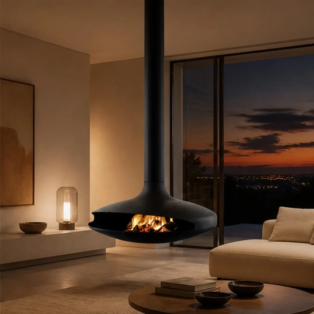 Flying Saucer Suspended Fireplace, 100 cm in black — front view
