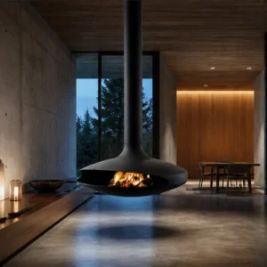 Flying Saucer Suspended Fireplace, 100 cm in black — in a room setting