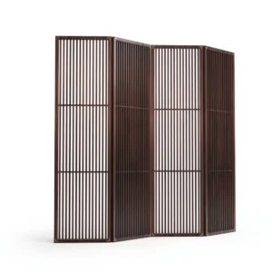 Dark Wood Slatted Four-Panel Folding Screen in walnut — front view