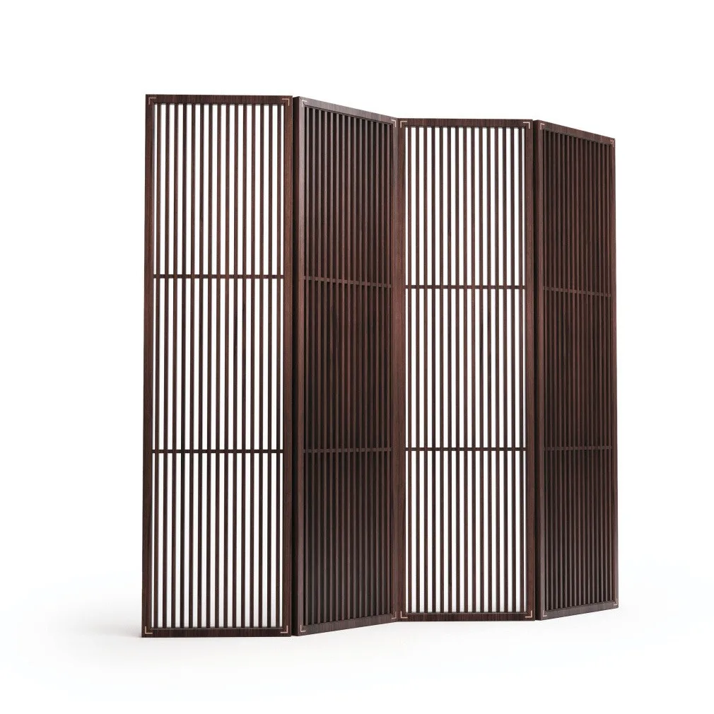 Dark Wood Slatted Four-Panel Folding Screen in walnut — front view