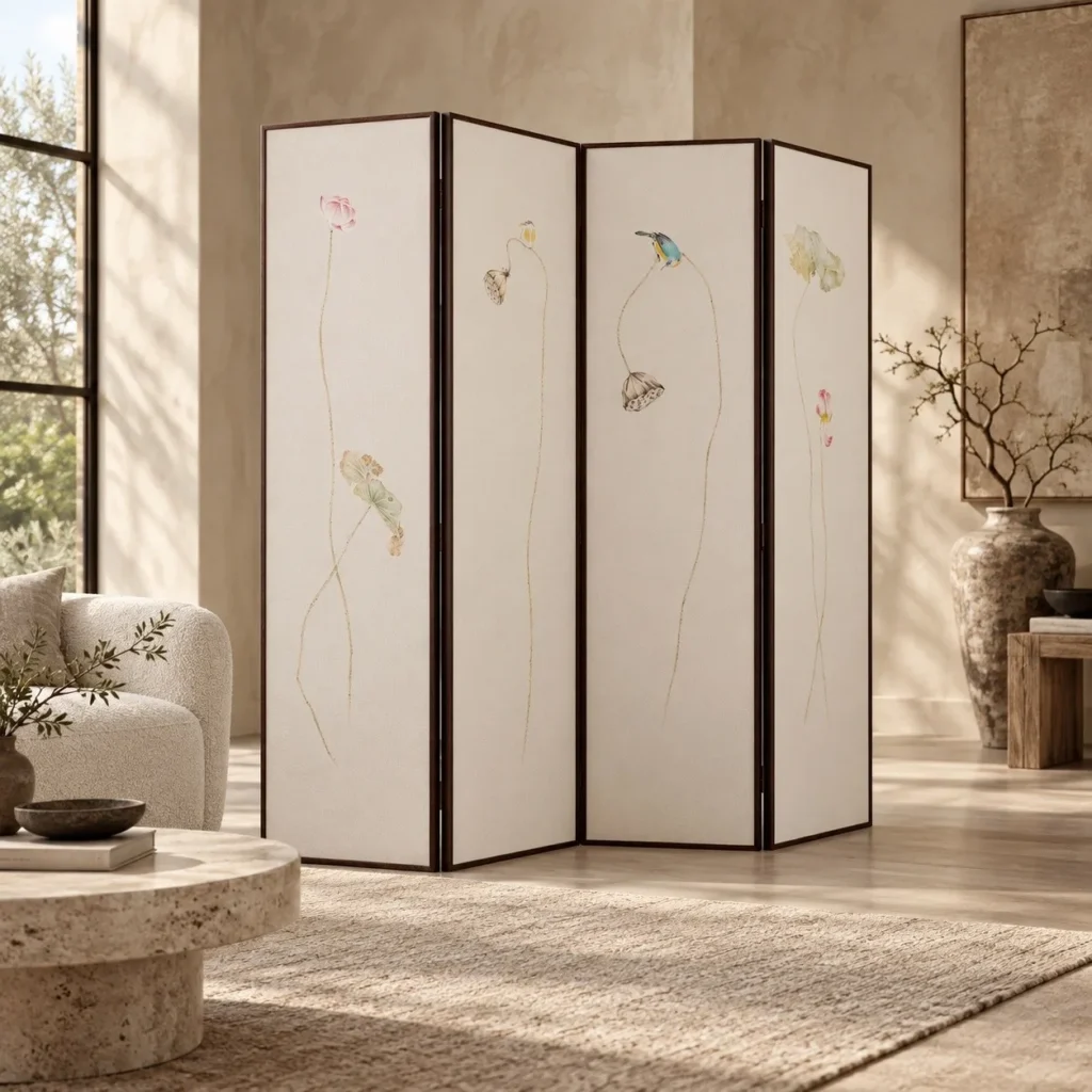 Four-Panel Folding Screen with Painted Flowers and Birds in oatmeal — front view