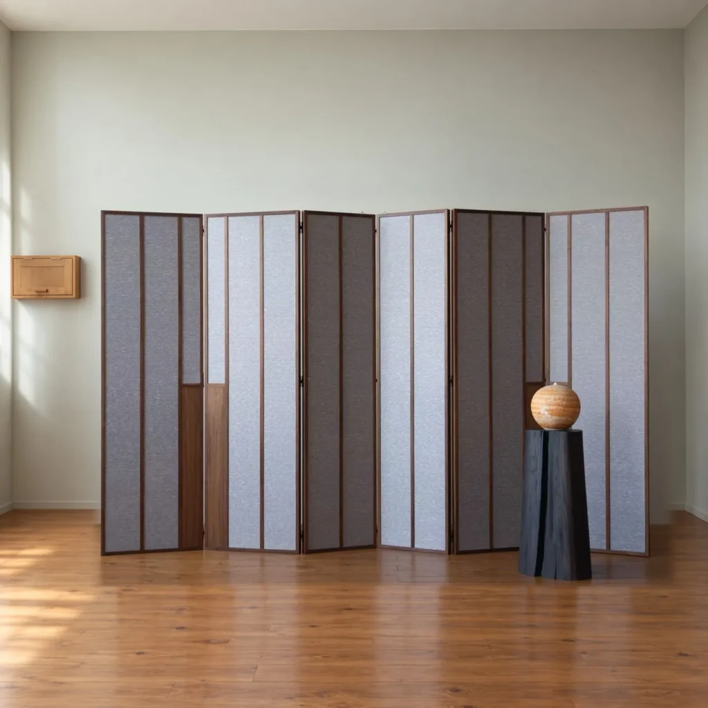 Black Walnut and Linen Six-Panel Folding Screen in walnut — front view