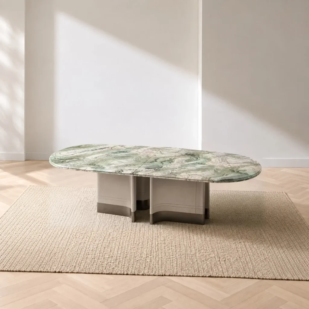 Victoria Green Stone Oval Dining Table on Fluted Stone Base in olive — front view