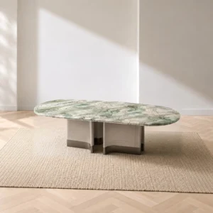Victoria Green Stone Oval Dining Table on Fluted Stone Base in olive — front view