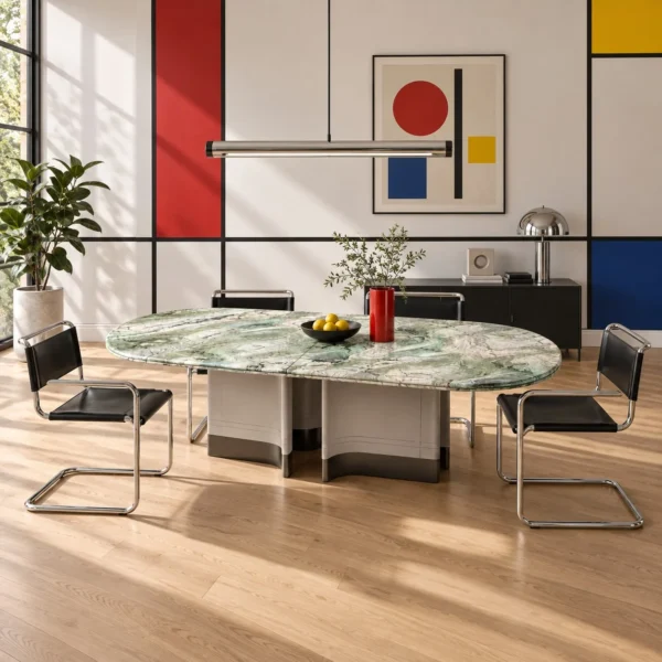 Victoria Green Stone Oval Dining Table on Fluted Stone Base in olive — in a room setting