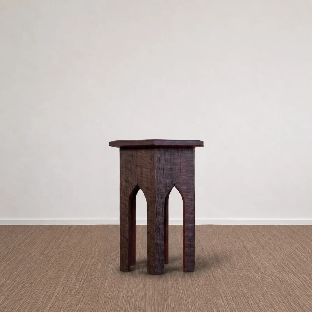 Forest Trace Carved Solid Wood Side Table with Arched Base in clay — front view