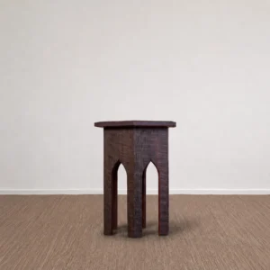 Forest Trace Carved Solid Wood Side Table with Arched Base in clay — front view