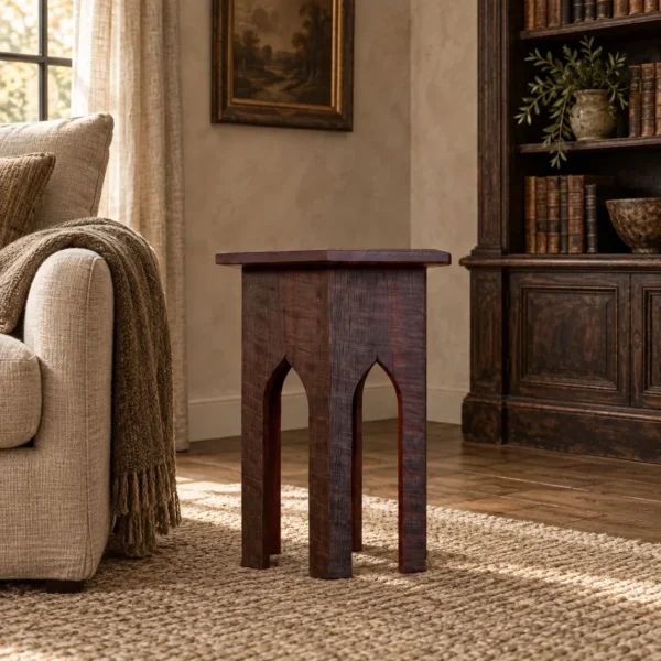 Forest Trace Carved Solid Wood Side Table with Arched Base in clay — in a room setting