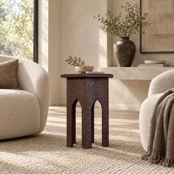 Forest Trace Carved Solid Wood Side Table with Arched Base in clay — in a room setting