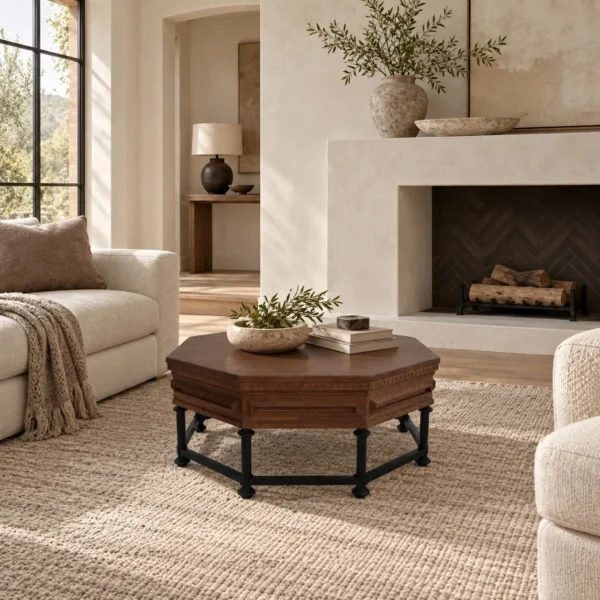 Forge Carved Octagonal Solid Wood Coffee Table, 100 cm in clay — in a room setting
