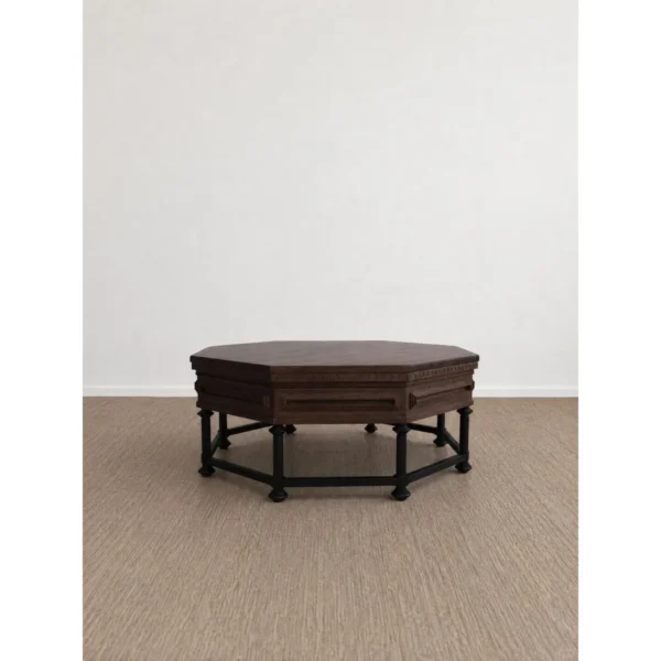 Forge Carved Octagonal Solid Wood Coffee Table, 100 cm in clay — in a room setting