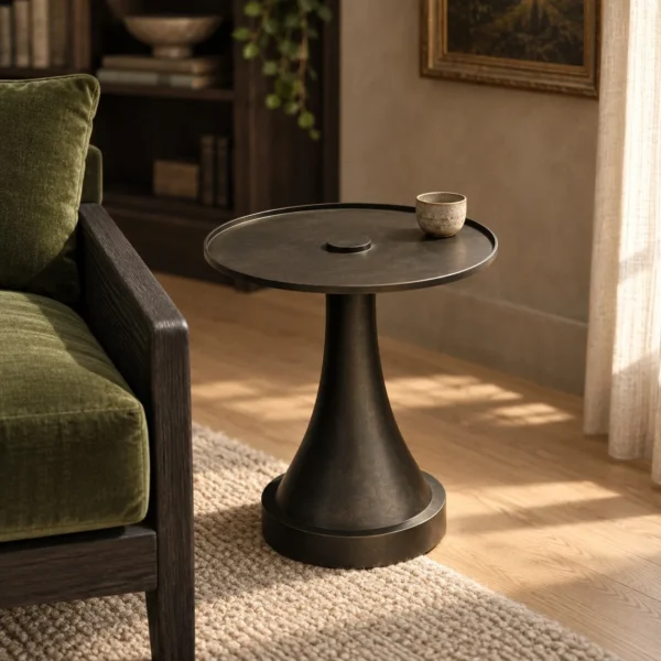 Forged Brass Round Side Table with Textured Top, 40 cm in black — in a room setting