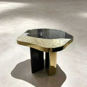 Cloud Black Marble Side Table on Forged Black and Gold Base in black — front view