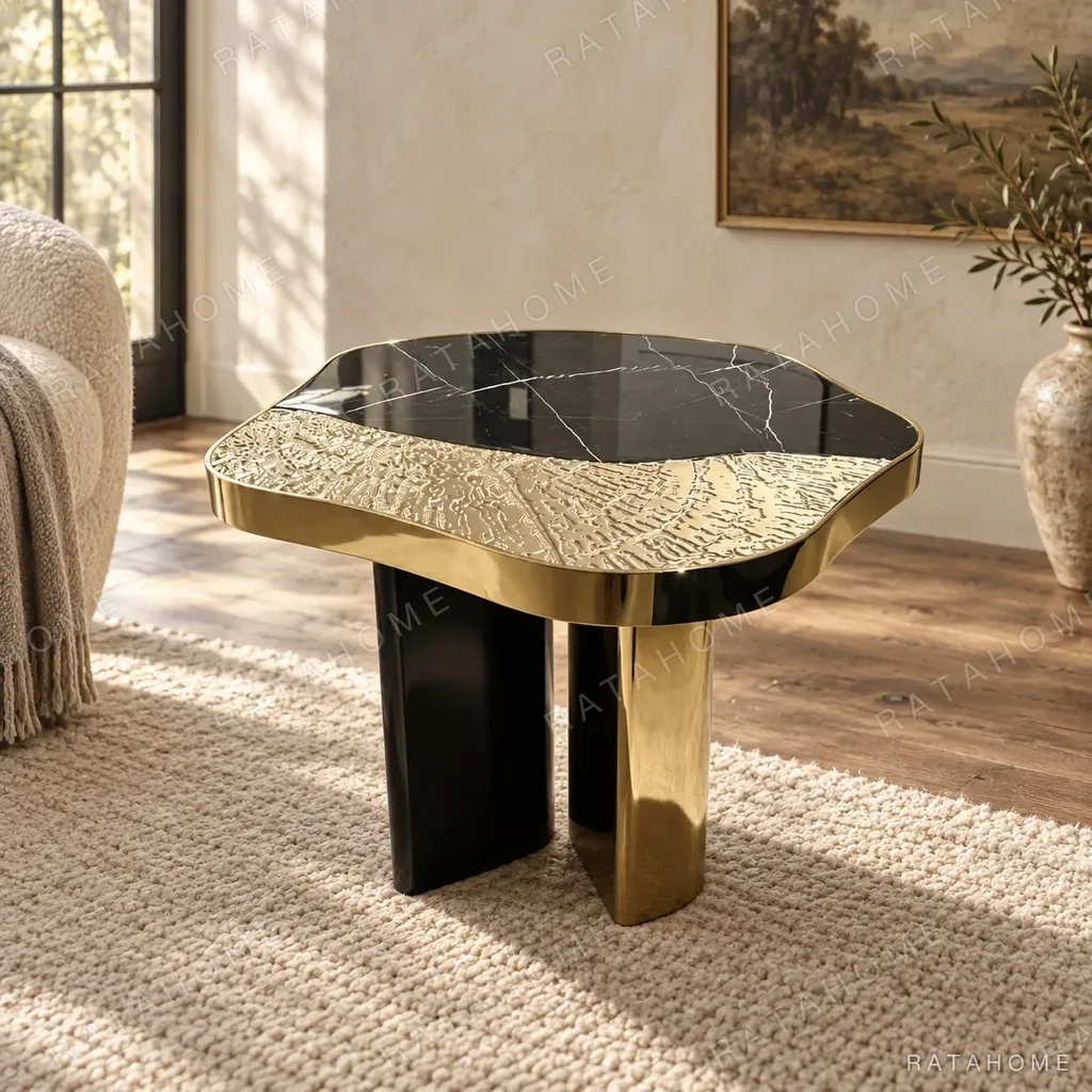 Cloud Black Marble Side Table on Forged Black and Gold Base in black — in a room setting