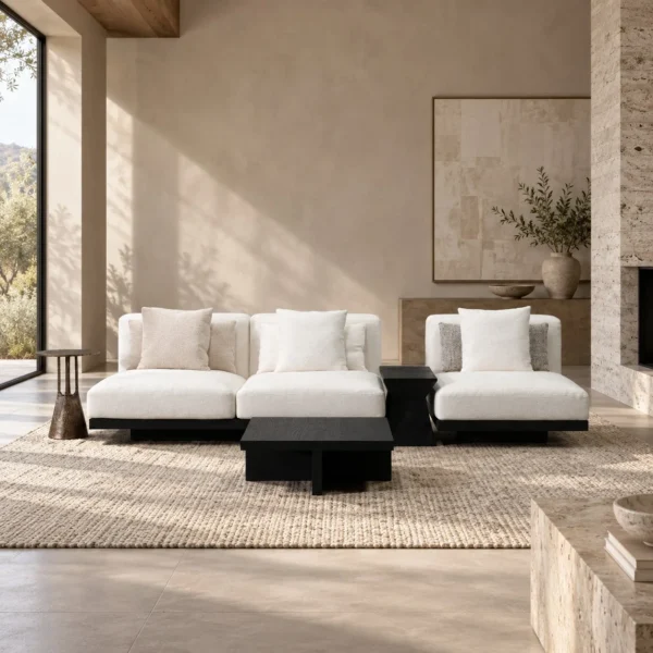 Free-Form Modular Sofa in White Linen with Dark Wood Base — in a room setting