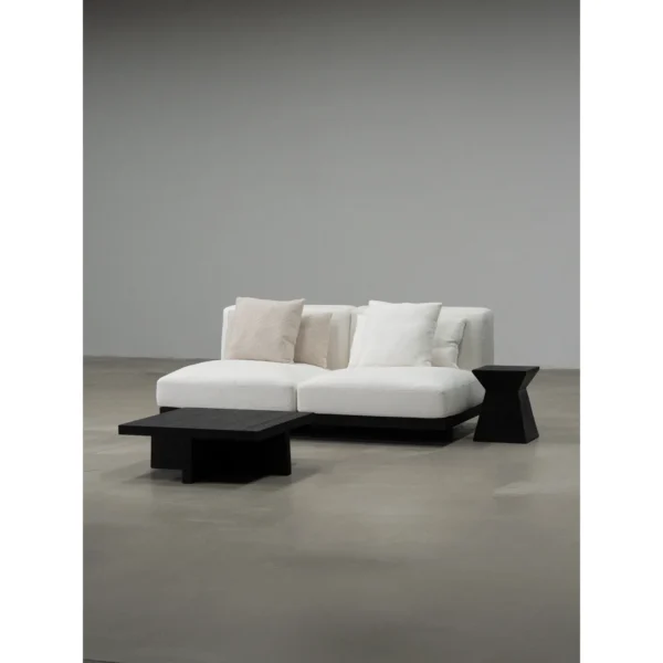 Free-Form Modular Sofa in White Linen with Dark Wood Base — in a room setting