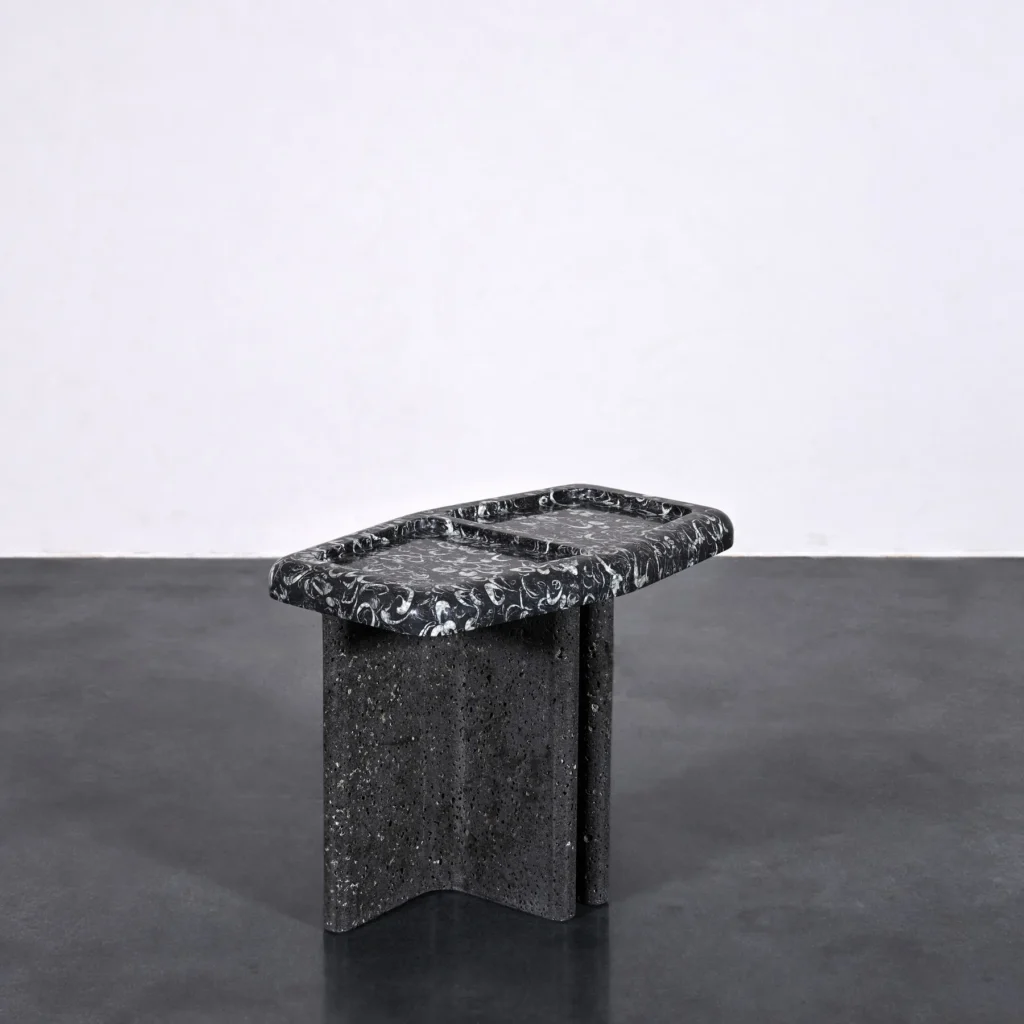 Black Fossil Marble Tray Side Table on Travertine Base in black — front view