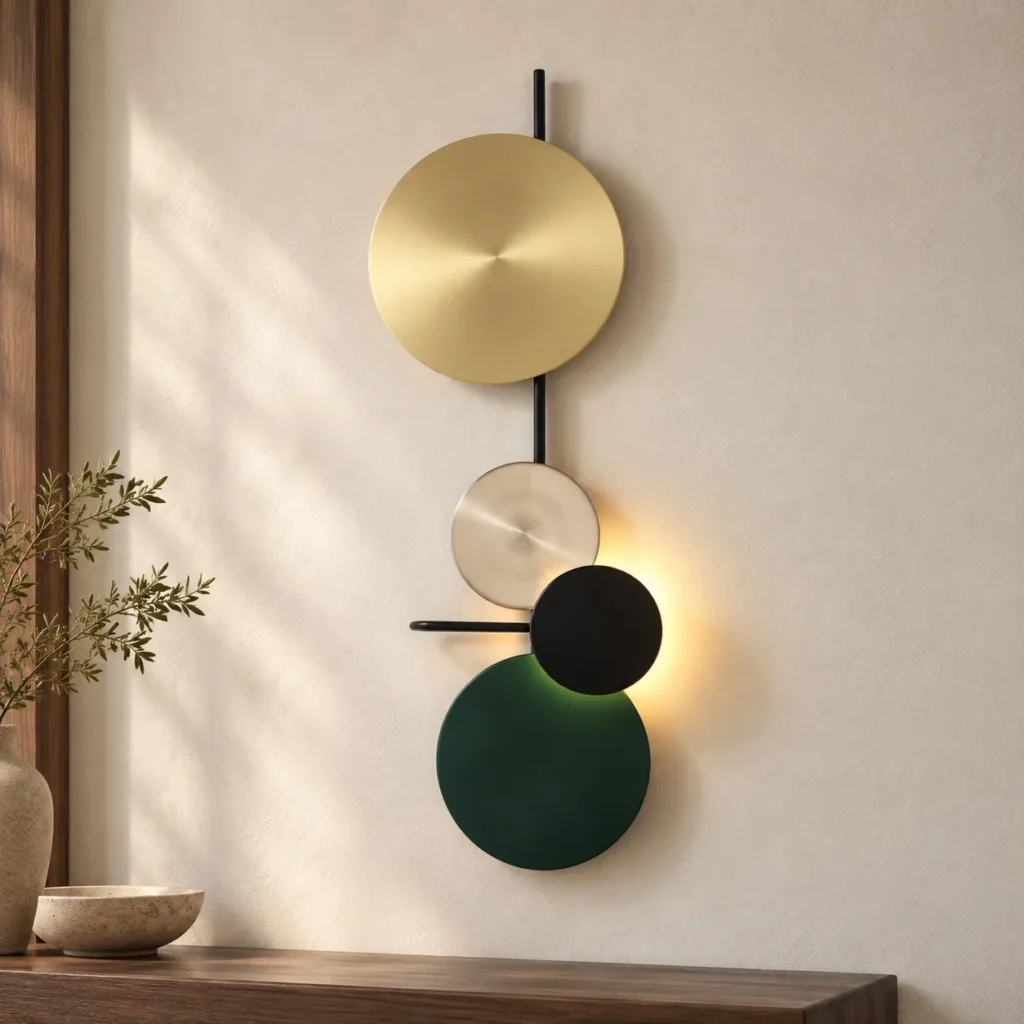 Four Disc Wall Light in Brass, Silver, Black and Green — front view