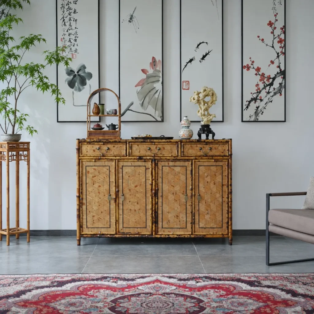 Bamboo Sideboard with Cube-Pattern Marquetry Doors in natural oak — front view