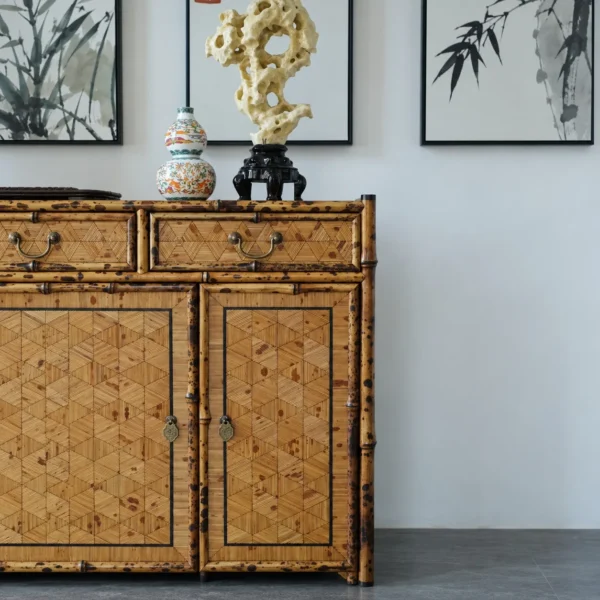 Bamboo Sideboard with Cube-Pattern Marquetry Doors in natural oak — in a room setting