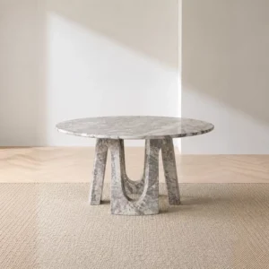 Four Seasons Pink-Green Marble Round Table on Arched Base in rose stone — front view
