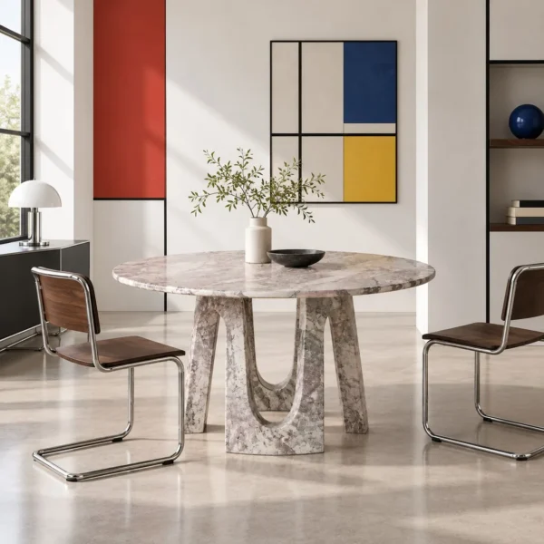 Four Seasons Pink-Green Marble Round Table on Arched Base in rose stone — in a room setting