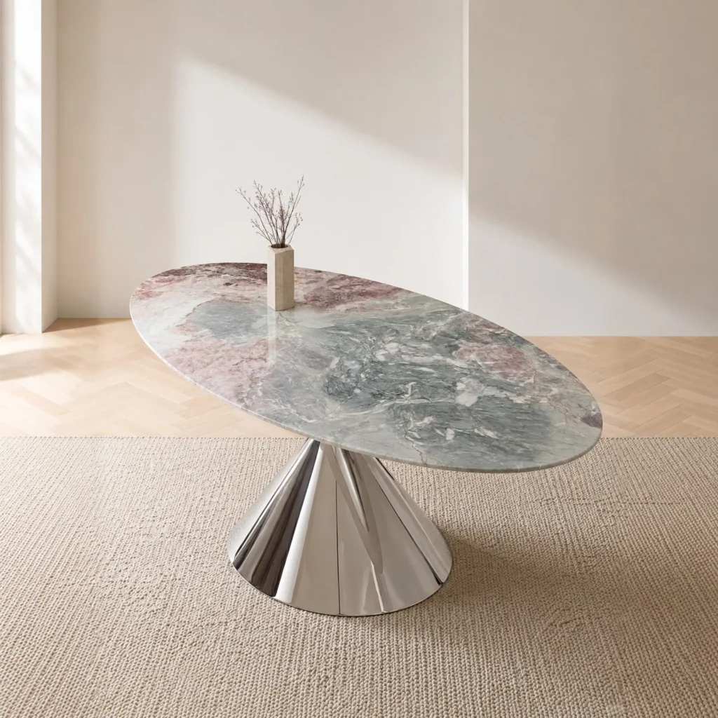Oval Four Seasons Pink Marble Dining Table in rose stone — front view