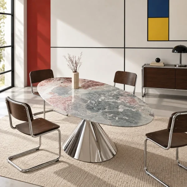 Oval Four Seasons Pink Marble Dining Table in rose stone — in a room setting
