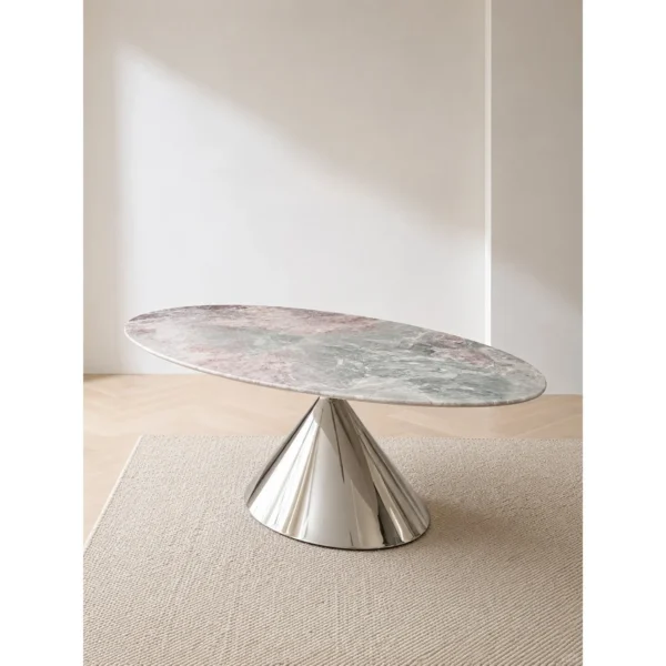 Oval Four Seasons Pink Marble Dining Table in rose stone — in a room setting