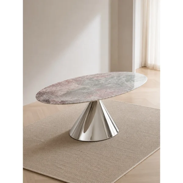 Oval Four Seasons Pink Marble Dining Table in rose stone — in a room setting