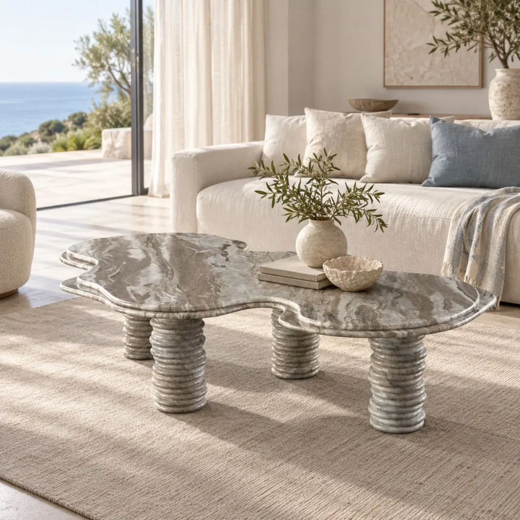 Free-Form Wave Marble Coffee Table on Fluted Legs in slate — front view