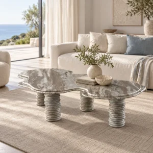 Free-Form Wave Marble Coffee Table on Fluted Legs in slate — front view