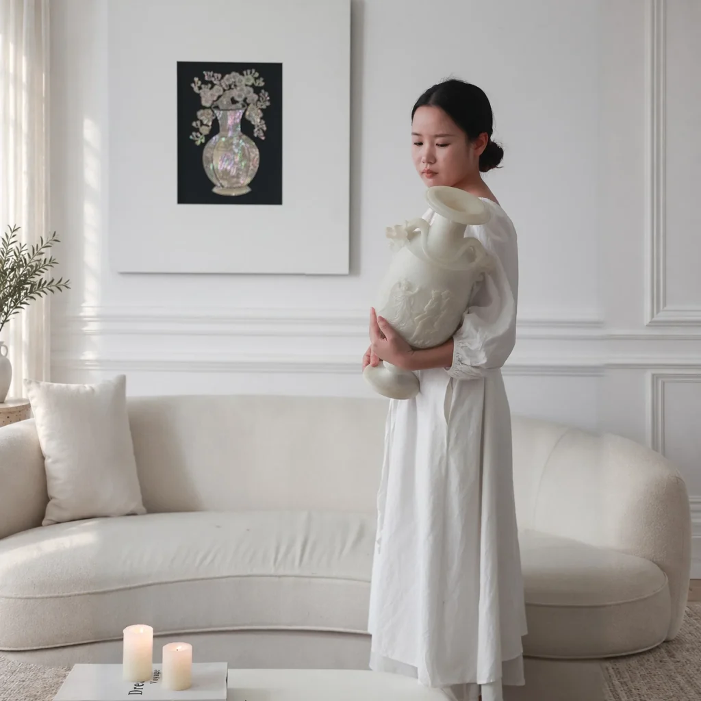 French Jade-Effect Twin Dragon Ear Vase in Pearl White — front view