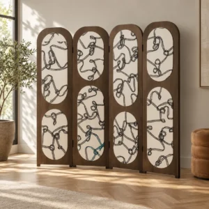 Walnut Arched Screen with Rope-Print Oval Panels in walnut — front view