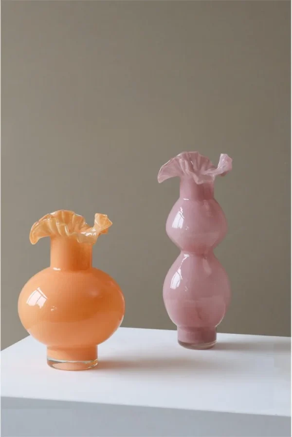 French Mid-Century Ruffled Gourd Glass Vase in rust — in a room setting