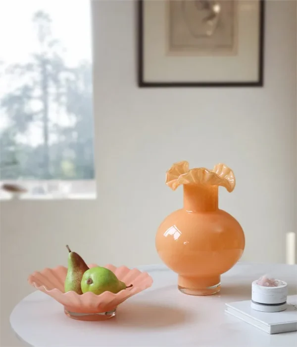 French Mid-Century Ruffled Gourd Glass Vase in rust — in a room setting