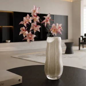 Designer Jade-Effect Rippled Glass Vase in sand — front view