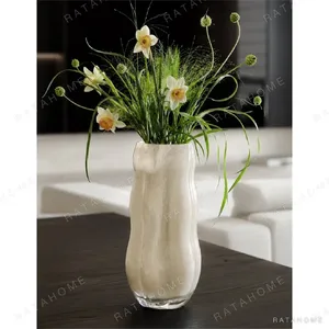 Designer Jade-Effect Rippled Glass Vase in sand — in a room setting