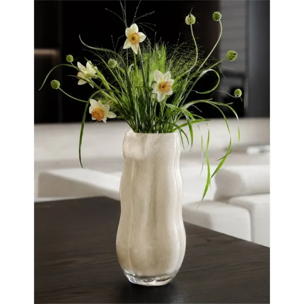 Designer Jade-Effect Rippled Glass Vase in sand — in a room setting