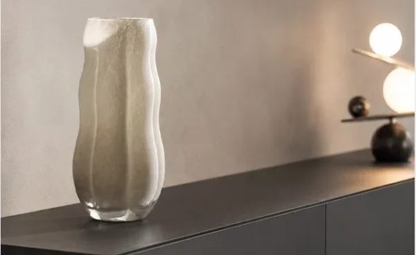Designer Jade-Effect Rippled Glass Vase in sand — in a room setting