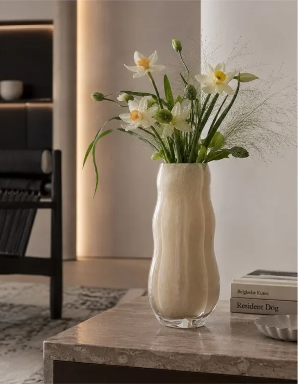 Designer Jade-Effect Rippled Glass Vase in sand — in a room setting