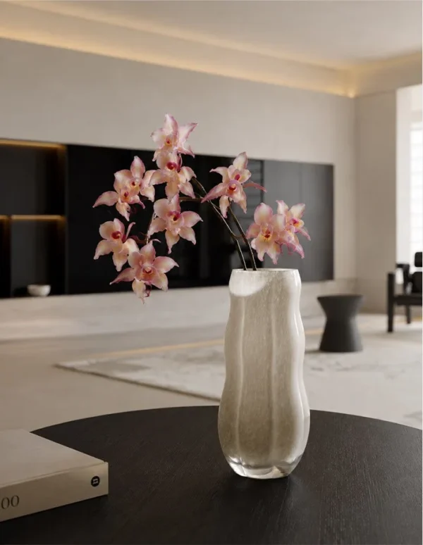 Designer Jade-Effect Rippled Glass Vase in sand — in a room setting
