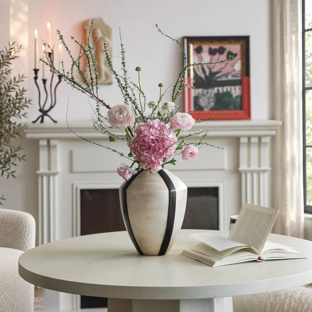 French Mid-Century Cream Vase with Black Geometric Lines in oatmeal — front view