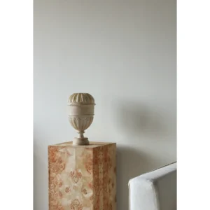 French Mid-Century Jade-Effect Lidded Urn Vase in oatmeal — in a room setting