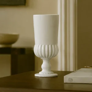 French Mid-Century Matte White Fluted Stem Vase in ivory — front view