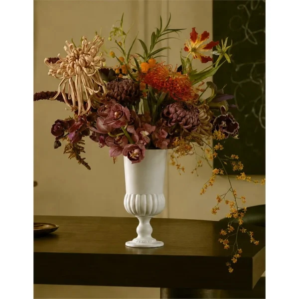 French Mid-Century Matte White Fluted Stem Vase in ivory — in a room setting
