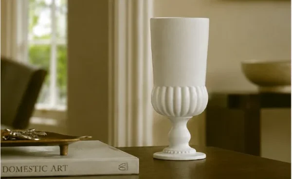 French Mid-Century Matte White Fluted Stem Vase in ivory — in a room setting