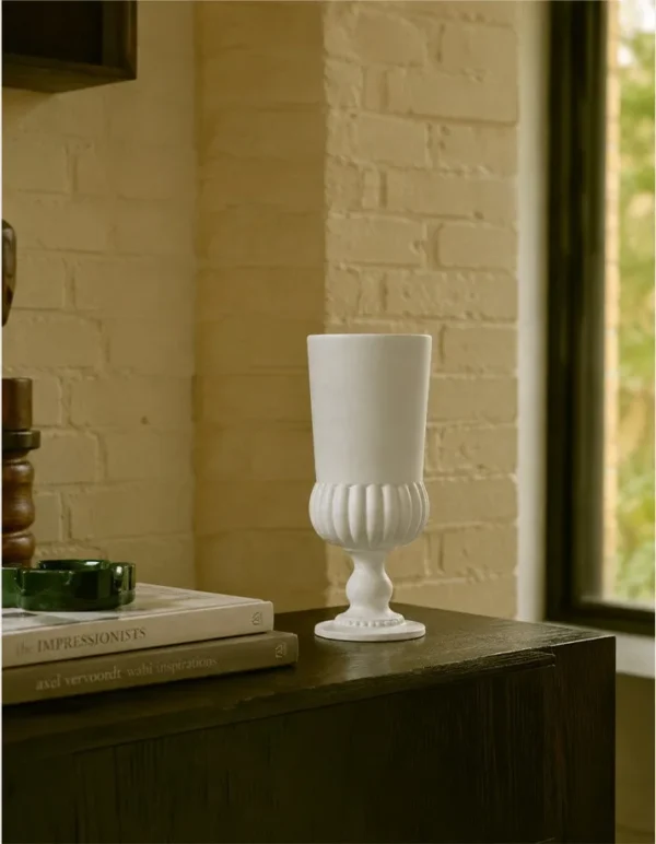 French Mid-Century Matte White Fluted Stem Vase in ivory — in a room setting